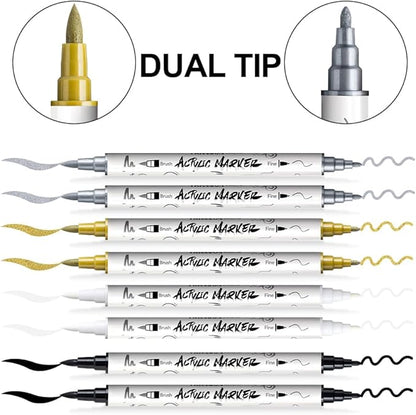 TRANSON 2 Gold, 2 Silver, 2 Black and 2 White Paint Markers Brush and Fine Dual-tip Acrylic Paint Marker Set for Rock Painting Glass Canvas Wood Leather Ceramic Painting