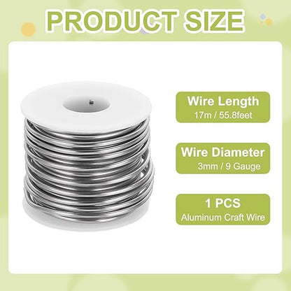 MECCANIXITY 9 Gauge Anodized Aluminum Craft Wire Bendable Bonsai Training Wire 56 Feet 3mm for Sculpting Crafts Wreath Floral Beading Jewelry Making, Silver Tone