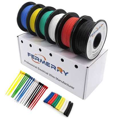 Fermerry 10 AWG Stranded Wire Spool 10ft Each 6 Colors Flexible 10 Gauge Silicone Hook up Wire Kit Electrical Tinned Copper Wire