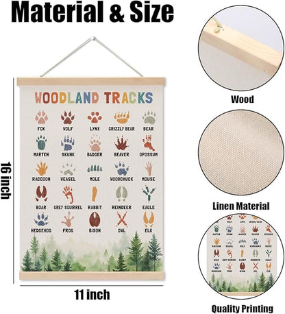 Boho Animal Woodland Tracks Poster Hanger, Forest Jungle Animals Nursery Decor Wall Decor, Paw Print Educational Posters Country Wall Art Wall Hanging Banner Farmhouse Home Playroom Baby Room Decor