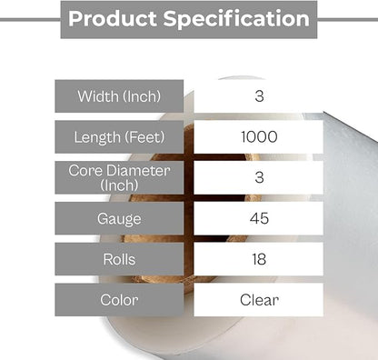 PSBM Mini Stretch Wrap with Handle, 18 Pack, 3 Inch x 1000 Feet, 45 Gauge, Clear High Performance Small Plastic Cling Film for Pallets Moving Storing