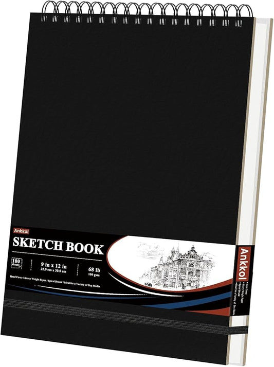 9" x 12" Sketch Book, Top Spiral Sketchbook Hardcover, 68lb (100gsm) Drawing Paper Pad & Sketch Paper, 1-Pack Sketch Pads for Drawing for Adults, Professional Art Supplies for Teens & Artist Gifts.