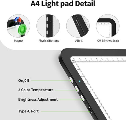 Zocelight Rechargeable A4 Tracing Light Box with Padded Case,Ultra Bright Led Light Pad with Physical Button,Wireless Light Board for Diamond Painting,Dimmable 9000LUX Lightbox for Tracing and Drawing