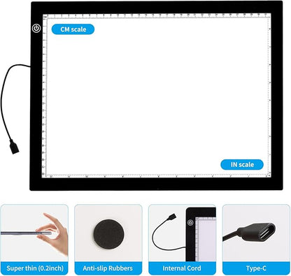 A4 Light Pad with Foldable Stand, UL Certified Adapter, 8000 Lux Super Bright Ultra Thin Pad for Cricut Weeding Vinyl, Artist Drawing Light Box/Board/Table for Tracing, Sketching - Black