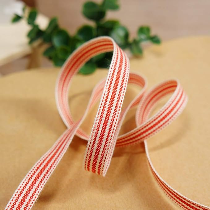 CT CRAFT LLC Ivory Cotton Red Stripes Ribbon 3/8" x 10 Yards for Home Décor Gift Present Wrapping DIY Crafts Birthday Wedding Bouquet Christmas
