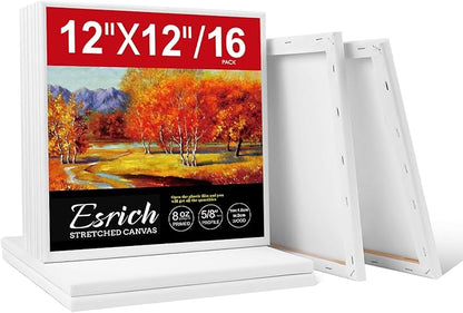 ESRICH Stretched Canvas for Painting 12x12 Inch, 16 Pack Painting Square Canvas -5/8 in Profile Primed Cotton White Blank Canvases for Painting for Oil & Acrylic Paint