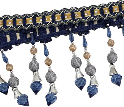 3yards Beading Fringe Trimming Long Beads Tassel Curtain Trim Ribbon Trim for Cover Edge Decorative (deep blue)