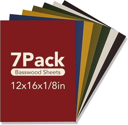 ROBOTIME 7-Pack Double-Sided Colored 1/8" Plywood Sheets - 12 x 16 x 1/8 Inch - Roller-Coated Solid Color 3mm Craft Wood Sheets for Laser Cutting - Assorted Colors - WB123