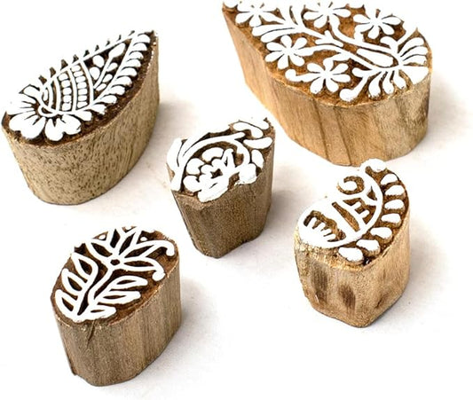 Small Floral Design Pottery Stamps - Indian Wooden Printing Stamps for Block Printing/Craft Card Making/Scrapbook/Clay Set of 5 | Hashcart®