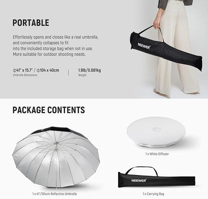 NEEWER 41"/104cm Parabolic Reflective Umbrella Photography with Silver Inner, Soft Lighting with Diffuser Cover, Bag, Quick Fold for Camera Photo Studio Video Light Shooting Monolight Flash, NS1U