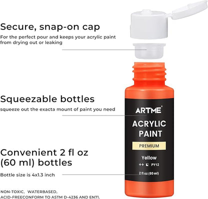 ARTME Acrylic Paint Set, 60 Colors in 2oz/60ml Bottles, Non Toxic, Waterproof, Rich Pigments Acrylic Paint for Artists, Students, Beginners Painting on Rocks Canvas Wood Clay Fabric Ceramic Crafts