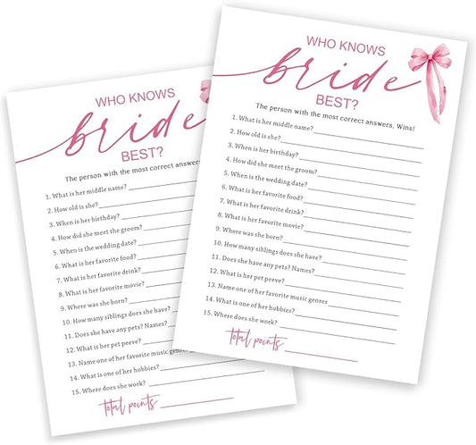 Wedding Shower Games Cards, Who Knows The Bride Best, Bridal Shower Games 25 Guests, Engagement Party Wedding Games for Guests, Pink Ribbon Bow Wedding Party Supplies - E03