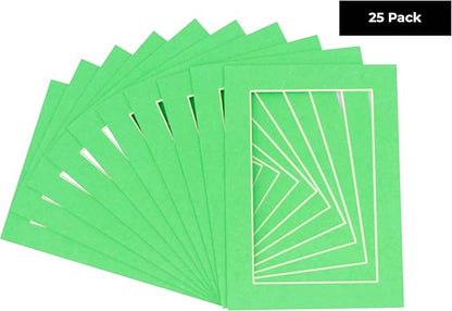 Pack of 25 Acid Free 8x10 Mats Bevel Cut for 5x8 Photos - Bright Green Precut Matboards With Backing Boards and Clear Photo Mat Bags For Pictures, Photos, Framing - 4-ply Thickness