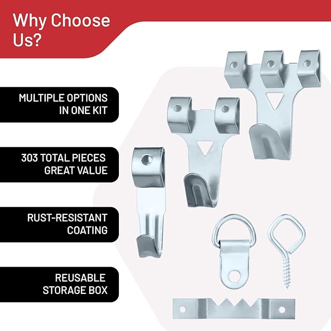 303-Piece Picture Hanging Assortment, Heavy Duty Hooks, Nails, Sawtooth, D-Rings, Wire, Level, and Metal Wall Hooks for Picture Framing and Canvas Mounting (Silver)