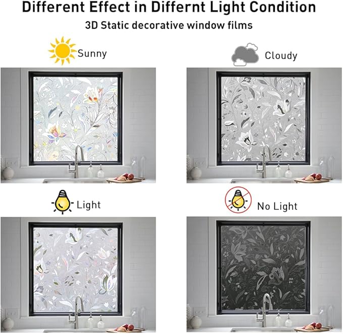 NINETREX Window Privacy Film,3D Stained Glass Window Film,Decorative Window Covering Sun Blocking Vinyl Static Cling Anti-UV Heat Control for Home Decor,Tulip 35.4 x 157.4inch