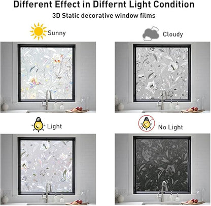 NINETREX Window Privacy Film,3D Stained Glass Window Film,Decorative Window Covering Sun Blocking Vinyl Static Cling Anti-UV Heat Control for Home Decor,Tulip 35.4 x 118.1inch