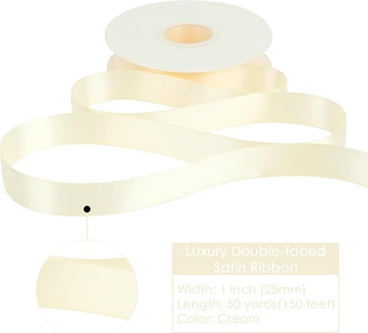 HUIHUANG Cream Ribbon 1 inch x 50 Yards Ivory Double-Faced Polyester Silk Satin Ribbon for Gift Wrapping, Wedding Invitations, Hair, Bows Making, Holiday Decor, Floral Arrangement