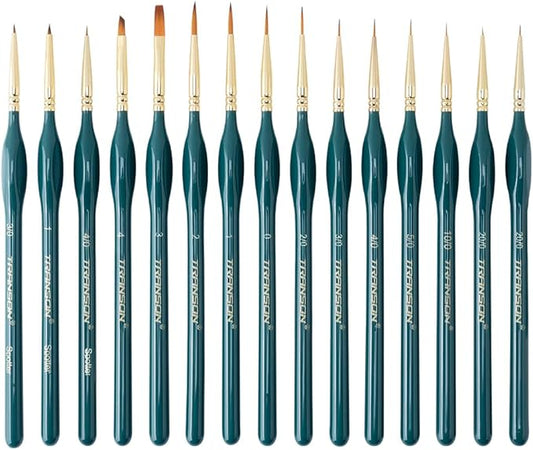 Transon 15-Piece Fine Detail Miniature Painting Brush Set for Acrylics, Watercolors, Crafts, Rocks & Face Painting