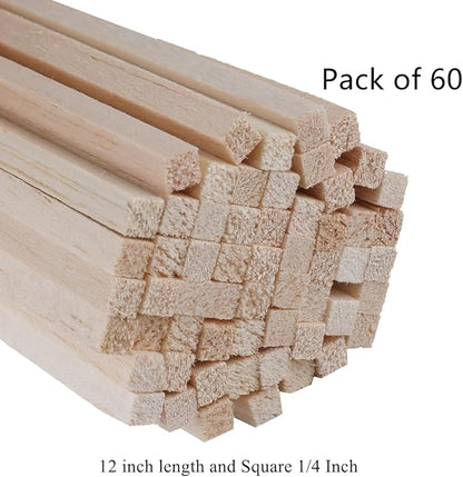 60 Pack Square Wood Dowel Rods 1/4x1/4x12 Inch Balsa Wood Sticks Natural Wood Color Unfinished Wood for Cricut Maker Make Models of House Airplane Ship Boat DIY Wooden(6x6x305mm)