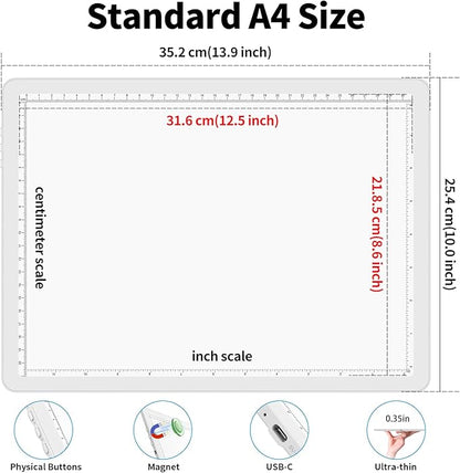 Phylosal Rechargeable A4 LED Light Pad for Diamond Painting, Ultra-Thin Magnetic Tracing Light Box for Drawing, Diamond Art Light Board with Side Button, Super Bright Light Table for Sketching (White)