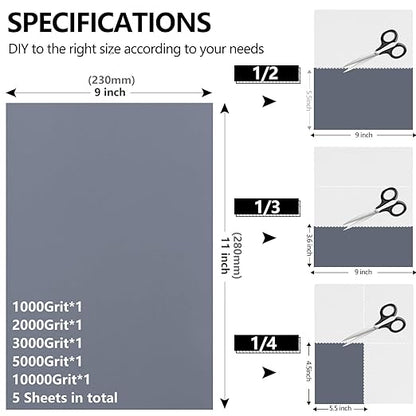 Fine Sandpaper Assortment, 9 x 11 Inch Wet Dry Sand Paper, 1000/2000/3000/5000/10000 Grit Hand Sanding Sheets for Wood Metal Automotive Sanding and Polishing - 5 Sheets