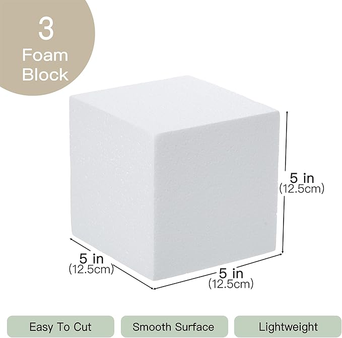 Crafare 3 Pack Craft Foam Blocks 5x5x5 Inch Polystyrene Square Foam Cubes for Arts School Projects Sculptures Floral Arrangements Modeling and Centerpieces