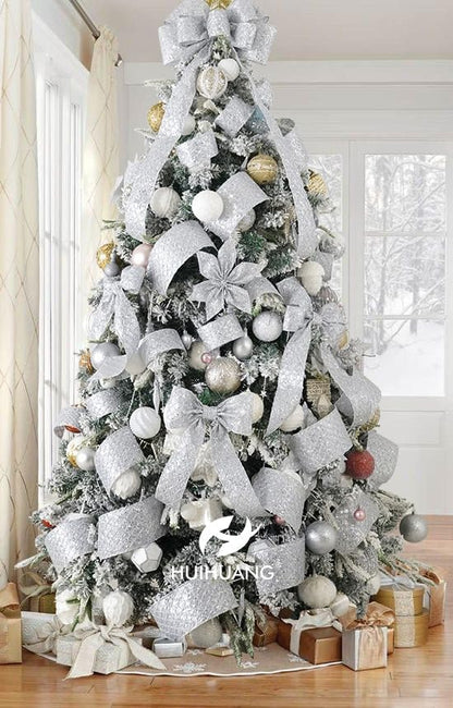 HUIHUANG Silver Glitter Wired Ribbon for Christmas Tree 2.5 inch Silver Diamond Mesh Ribbon for Tree Decoration, Wreaths, Garland, Gift Wrapping, Large Bows Making, Home Decor -10 Yards