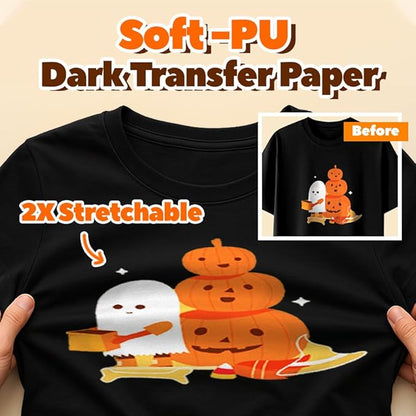 TranSmile PU-Heat Transfer Paper for Inkjet Printer (30 Sheets, 8.5x11", Dark) Iron on Transfers for Dark Fabric, Printable Heat Transfer Vinyl for T Shirts, Vibrant & Washable