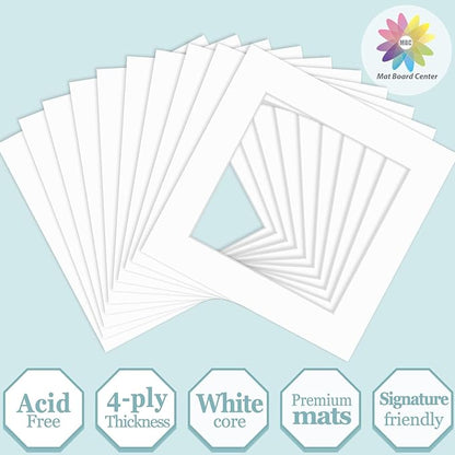 MBC Mat Board Center, 10 Pack 8x8 for 6x6 White Picture Mats Frame Mattes, Bevel Cut, Acid Free, 4-ply Thickness