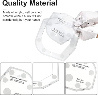 Bowl Cozy Template Cutting Ruler Set, 3Pcs Acrylic Transparent Quilting Bowl Templates for Hot and Cold Food Bowl Rack, DIY Kitchen Art Craft Acrylic Stencil Cut On Fold Template Sewing (White)