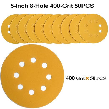 5-Inch 8-Hole Hook and Loop Sanding Discs 400-Grit Random Orbit Sandpaper, 50-Pack