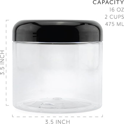 Cornucopia Brands 16oz Clear Plastic Jars w/Domed Lids (6-Pack); BPA Free PET Stackable Straight Sided Canisters for Bathroom & Kitchen Storage