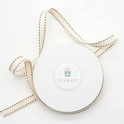 CT CRAFT LLC Ivory Cotton Black Stitched Ribbon 3/8" x 10 Yards for Home Décor Gift Present Wrapping DIY Crafts Birthday Wedding Bouquet Christmas