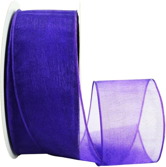 Ribbon Bazaar Sheer Organza Wired Ribbon - 100% Polyester Wire Edged Ribbon for Floral Decor, Table Arrangements, Apparel Embellishment & More - 1-1/2" Plum 25yd