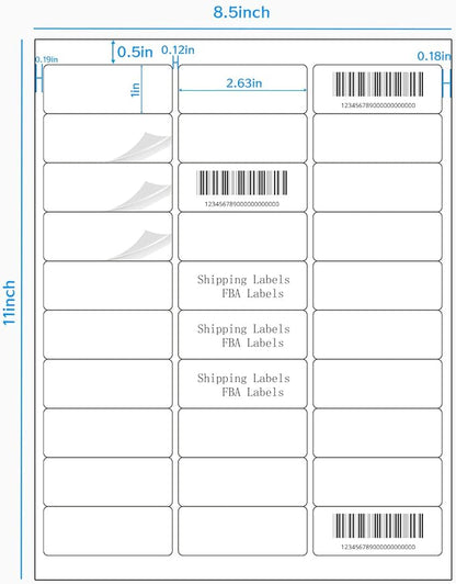 8.5"×11" Address Labels 600 Labels Sticker Paper for Laser/Inkjet Printer, 1" x 2-5/8" mailing Label- White