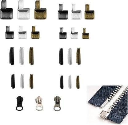 48pcs Zipper Head Slider, Zipper Latch Slider Retainer, 4 Sizes 3 Color Zippers Bottom Sliders Retainer Insertion Pin with 3pcs Zippers Latch for DIY Sewing Replacement Repair Kit