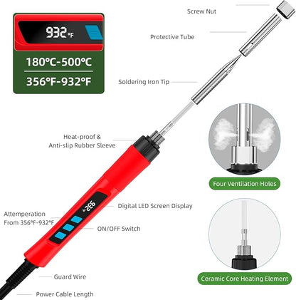 Soldering Iron Kit, 190W Soldering Gun, 110V LED Solder Kit for Electronics, Adjustable Temperature 356-932℉, Includes Solder Wire, Sucker, Tips, Stand, Tweezers, Paste and Solid Wood Box, Red
