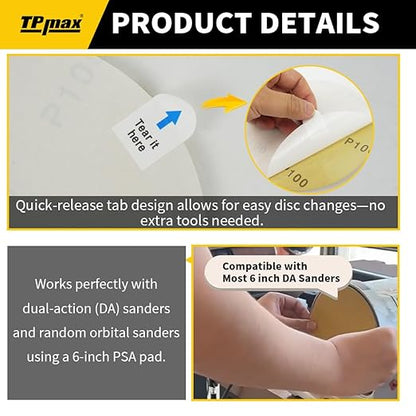 6-Inch 120-Grit Gold PSA Sanding Discs, 50 Pack – Pro-Grade Self-Adhesive Stickyback Sandpaper with Quick-Release Tabs for DA Sander, Medium-Coarse Automotive/Wood/Metal Sanding