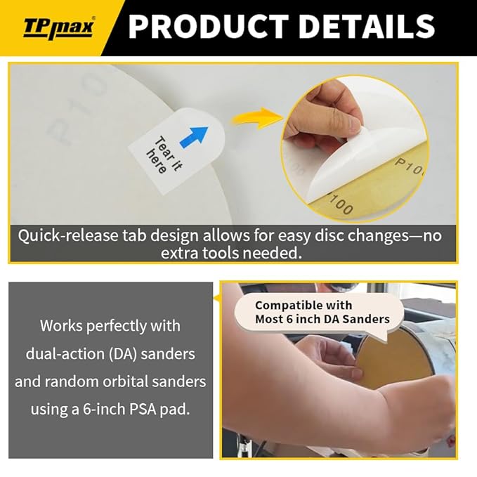 6-Inch 400-Grit Gold PSA Sanding Discs, 50 Pack – Pro-Grade Self-Adhesive Stickyback Sandpaper with Quick-Release Tabs for DA Sander, Superfine Automotive/Wood/Metal Sanding