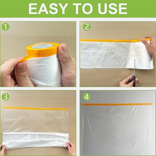 Pre-Taped Masking Film-43inx65ft Tape and Drape Painters Plastic Rolls, Plastic Painting Film for Automotive Painting Covering,Protective Drop Film for Furniture, Car, Floor (6rolls, 43in×65ft)