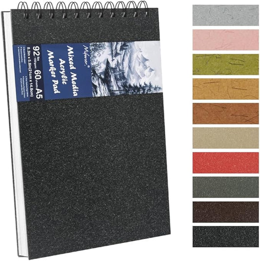 8.3x5.8 Sketch Book, Top Spiral Bound Sketch Pad, 60sheets 92lb/150gsm Bright White Paper, Acid-Free Mixed Media Paper for Painting, Dawing & Art Supplies. B-Black