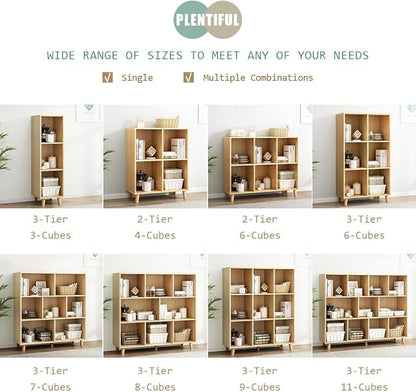 IOTXY Open Cube Low Bookcase - 3-Tier Freestanding Storage Display Cabinet Organizer with Legs for Home Office, 7-Cubes Open Shelf Short Bookshelf, Oak