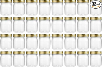 novelinks 8 oz Clear Plastic Jars with Screw-On Lids - BPA-Free Refillable Storage Containers for Slime, Spices, Crafts, Kitchen & Home Organization (32 Pack,Gold)