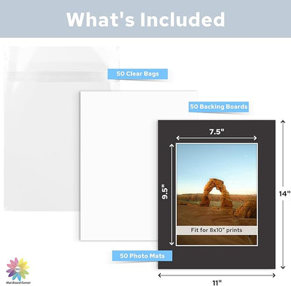 Mat Board Center, Pack of 50, 11x14 for 8x10 Black Mat Kit - Acid Free, 4-ply Thickness, White Core - Includes Backing Boards and Clear Bags - for Pictures, Photos, Framing
