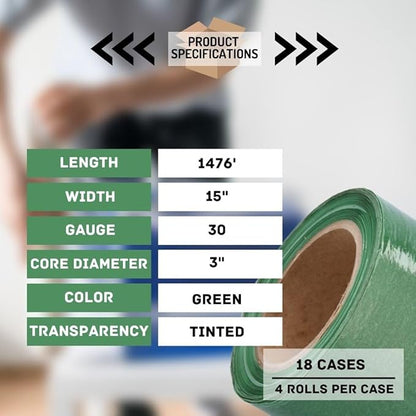 PSBM Green Stretch Wrap, 15 Inch x 1476 Feet, 72 Pack, Tinted Pre-Stretched Shrink Wrap Film for Moving, Packaging, Pallet Wrapping