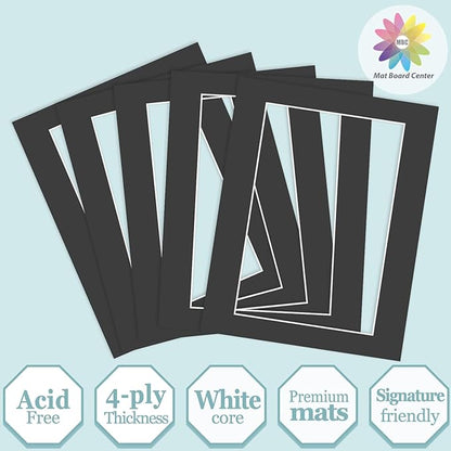 MBC Mat Board Center, 5 Pack 11X14 for 8X12 Black Picture Mats Frame Mattes, Bevel Cut, Acid Free, 4-Ply Thickness