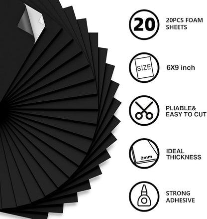 MEARCOOH 20-Pack Self Adhesive Foam Sheets, Black 2mm Sticky Eva Foam Paper 6x9 Inch for Crafts