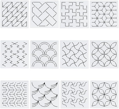 FREEBLOSS 12Pcs Sashiko Stencils Sashiko Embroidery PET Template Drawing Line Template for Hand Quilting Sashiko Patterns Templates Embroidery Stencils 5.5 * 5.5''