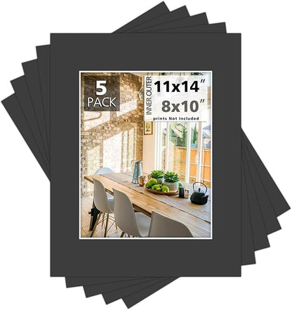 MBC Mat Board Center, Pack of 5, 11x14 for 8x10 Black Photo Picture Mat - Acid Free, 4-ply Thickness, White Core - for Pictures, Photos, Framing