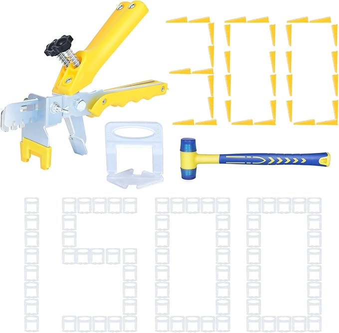 Tile Leveling System with Tile Plier 1500Pcs Piece Tile Spacers Clips 300Pcs Piece Reusable Wedges and 1 Rubber Mallet Tile Tools Set for Stone Installation (1/16"(1.5 mm)
